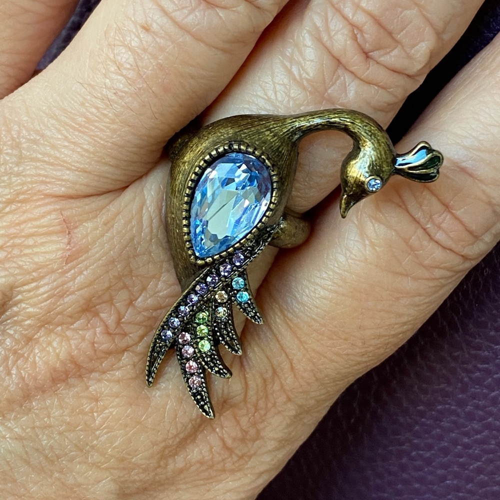 Large Boho Peacock ring with crystal & rhinestones